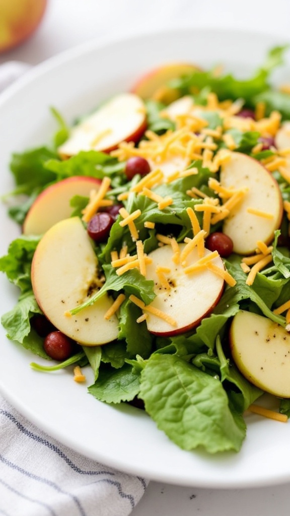 A fresh salad featuring winter greens, sliced apples, and cheddar cheese.