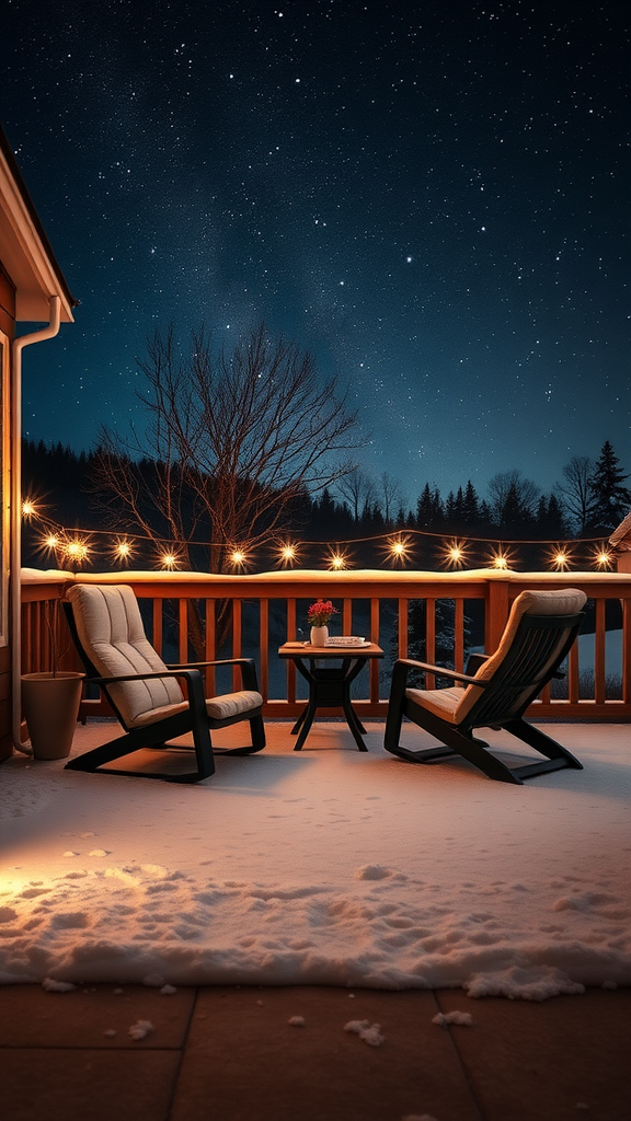 Cozy outdoor patio with chairs and lights, surrounded by snow under a starry night sky.