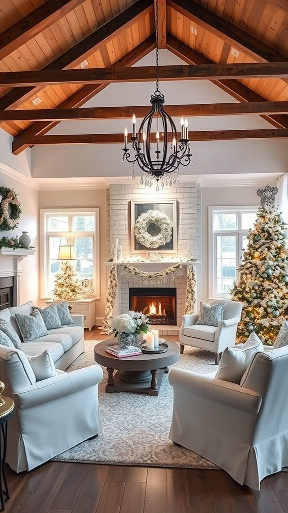 Cozy winter-themed living room with white decor and Christmas trees