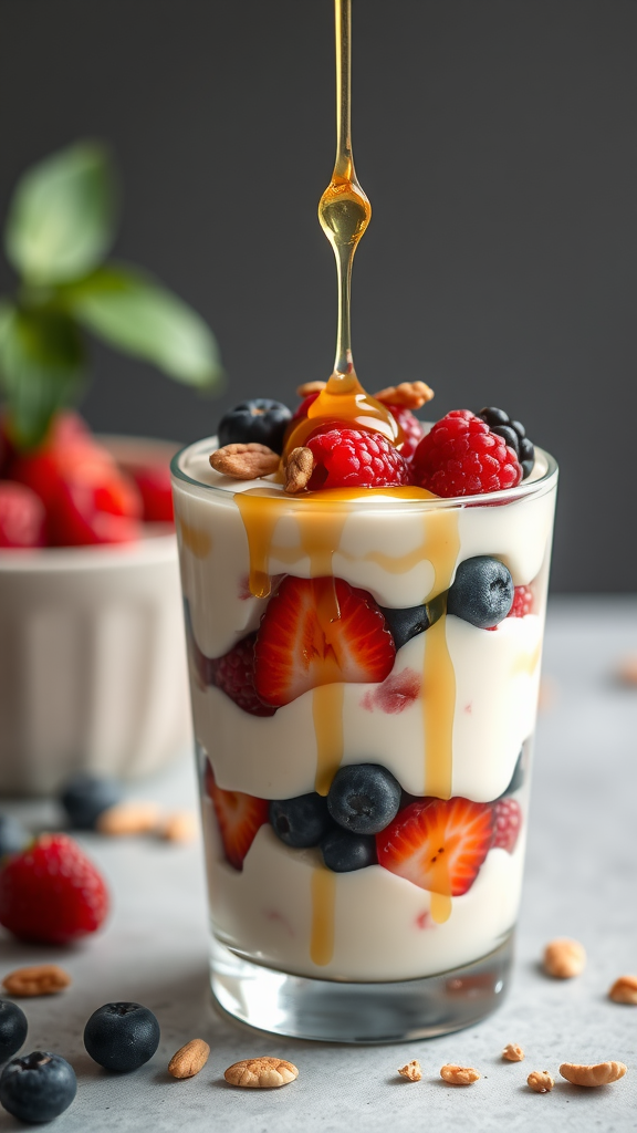 A delicious yogurt parfait layered with berries, honey, and nuts.