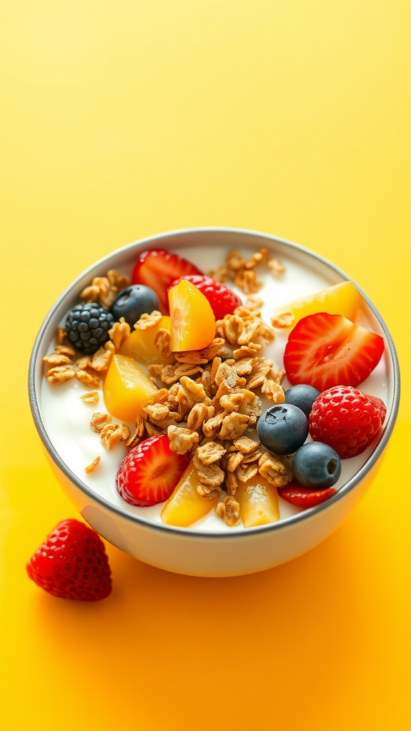 A bowl of yogurt topped with granola and fresh fruits like strawberries, blueberries, raspberries, and mango on a bright yellow background.