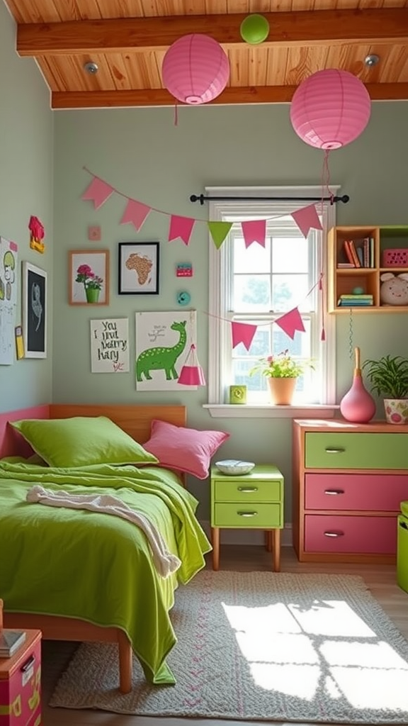 A colorful bedroom featuring green and pink decor, including a bed with green bedding, pink lamps, and playful wall art.