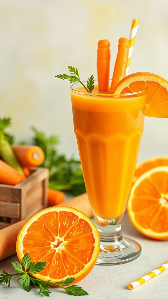 A vibrant carrot and orange juice with decorative garnishes, surrounded by fresh carrots and oranges.