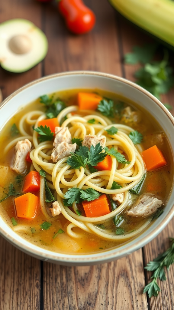 A bowl of zucchini noodle chicken soup with chicken pieces, orange carrots, green zucchini, and fresh herbs.