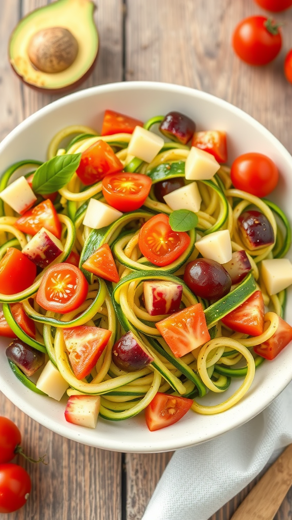 A bowl of zucchini noodle fruit pasta with cherry tomatoes, diced cheese, and grapes on a wooden table.