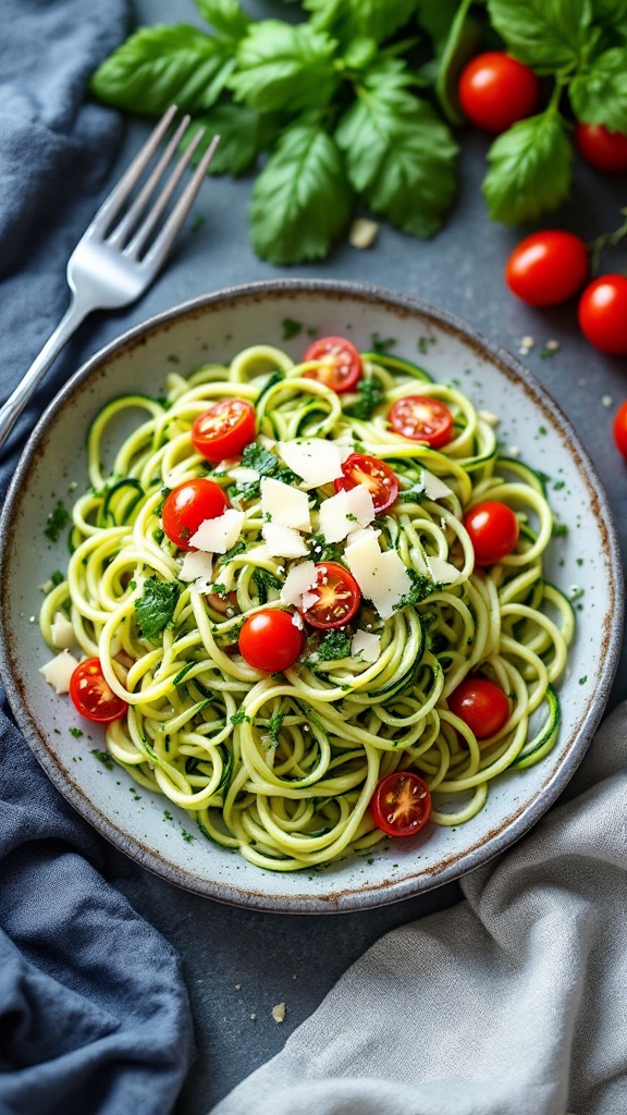 A plate of zucchini noodles with pesto, cherry tomatoes, and parmesan cheese.