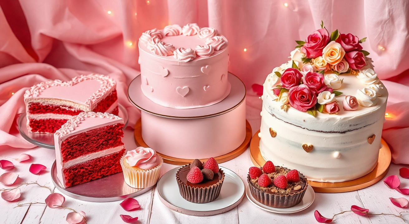 Valentine's Day cake recipes with heart-shaped designs, pink frosted cupcakes, chocolate tarts, and a white cake with edible flowers, set with rose petals and fairy lights.