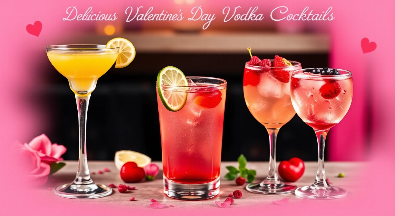 Valentine’s Day vodka cocktails displayed in different glass styles: a tall glass with a Spicy Mango Vodka Margarita garnished with chili, a round glass with a Cherry Lime Vodka Spritzer garnished with lime wedges, and a short glass with a Berry Hibiscus Vodka Spritz topped with fresh berries. The setup features a romantic theme with soft pink and red hues, heart-shaped accents, and an elegant backdrop