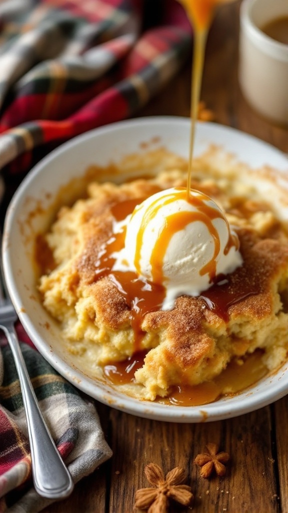 Delicious snickerdoodle cobbler served warm, topped with melting vanilla ice cream and caramel sauce on a rustic table.