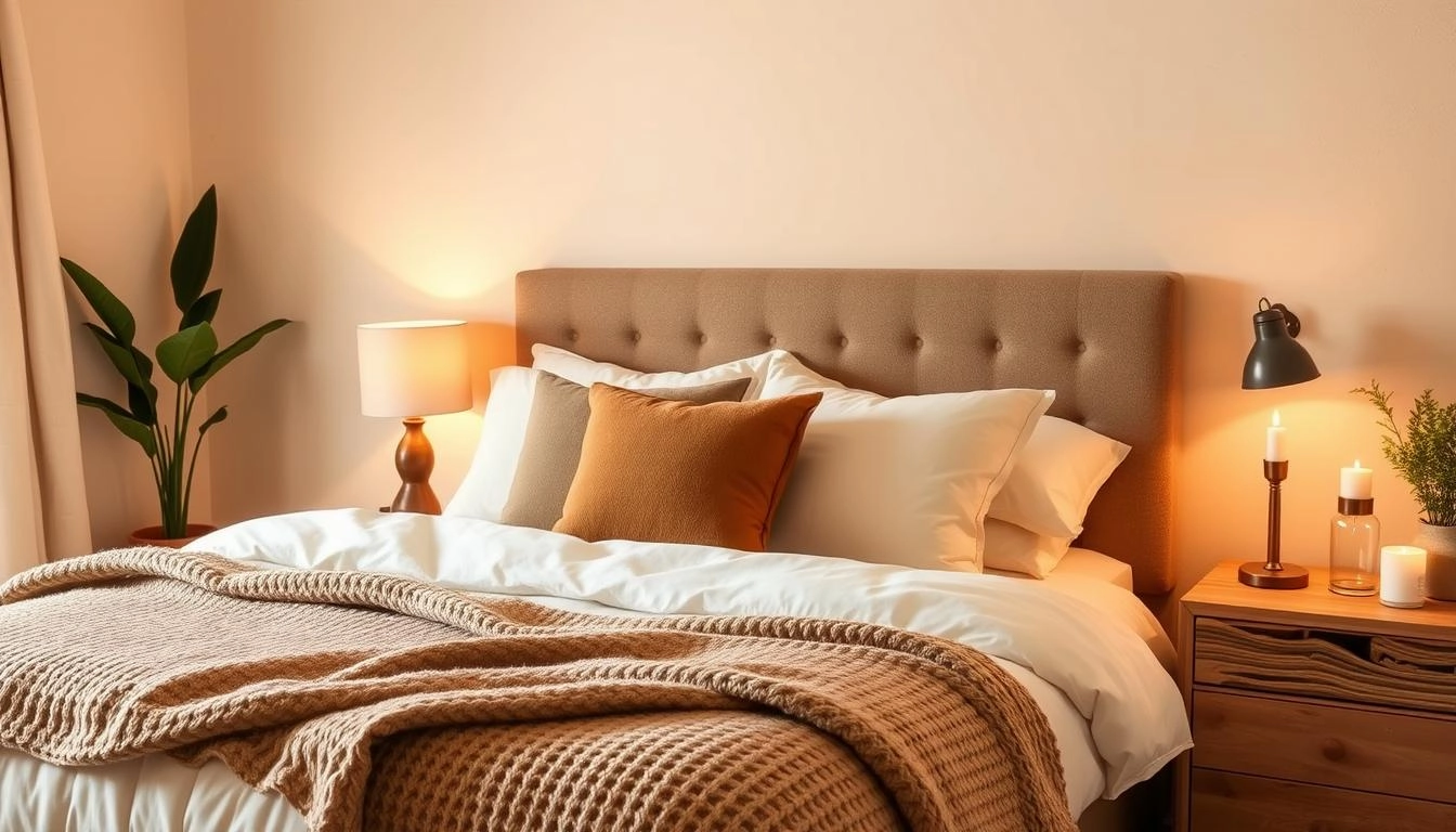 A cozy bedroom with warm beige walls, soft cream bedding, and earthy brown accents. Plush pillows and a knitted throw blanket add texture, while ambient lighting from bedside lamps creates a soothing glow. A touch of greenery from potted plants and decorative candles on a wooden nightstand complete the serene and inviting atmosphere.