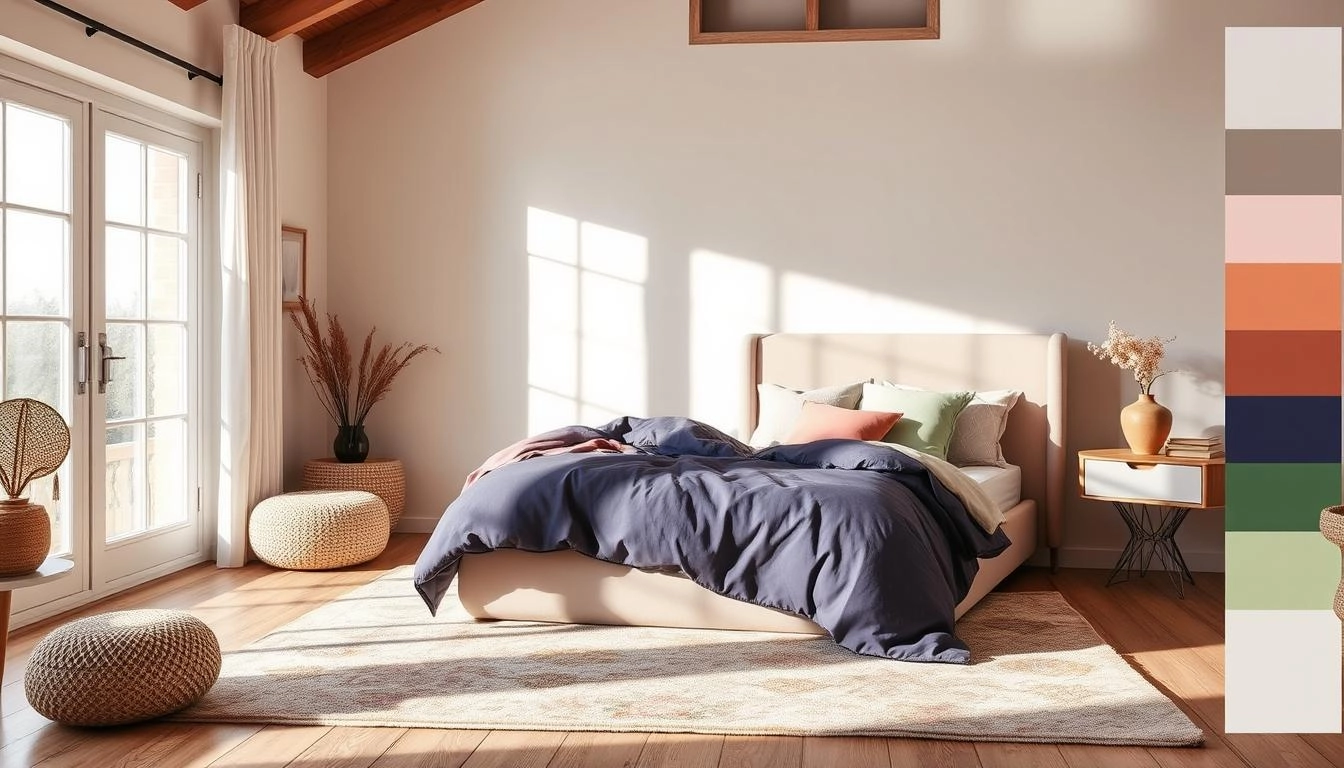 Serene bedroom interior with a mix of pastel tones, jewel hues, and warm neutrals, featuring a stylish bed with colorful bedding and accent pillows, a bedside table with matching decorative items, a cozy rug, and natural light streaming through large windows, enhancing the harmonious color palette.