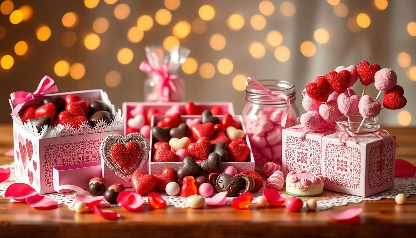 A romantic display of Valentine's candies, chocolates, and cake pops arranged with rose petals and lace on a wooden table, softly lit with twinkling lights in the background.