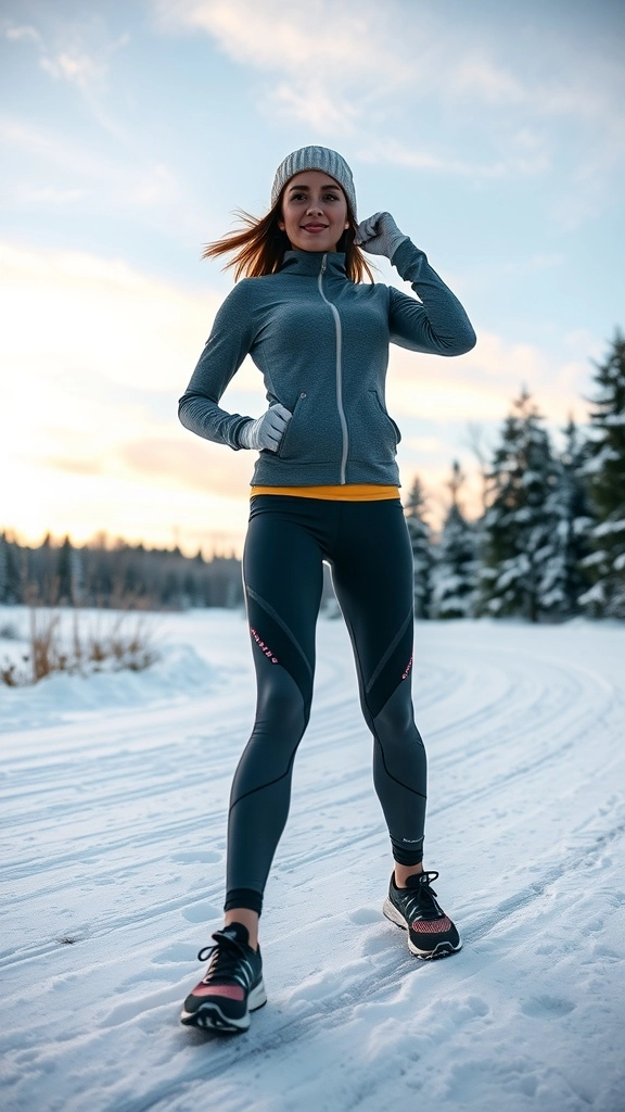 A woman in winter athleisure gear, smiling outdoors with a beanie, scarf, and leggings