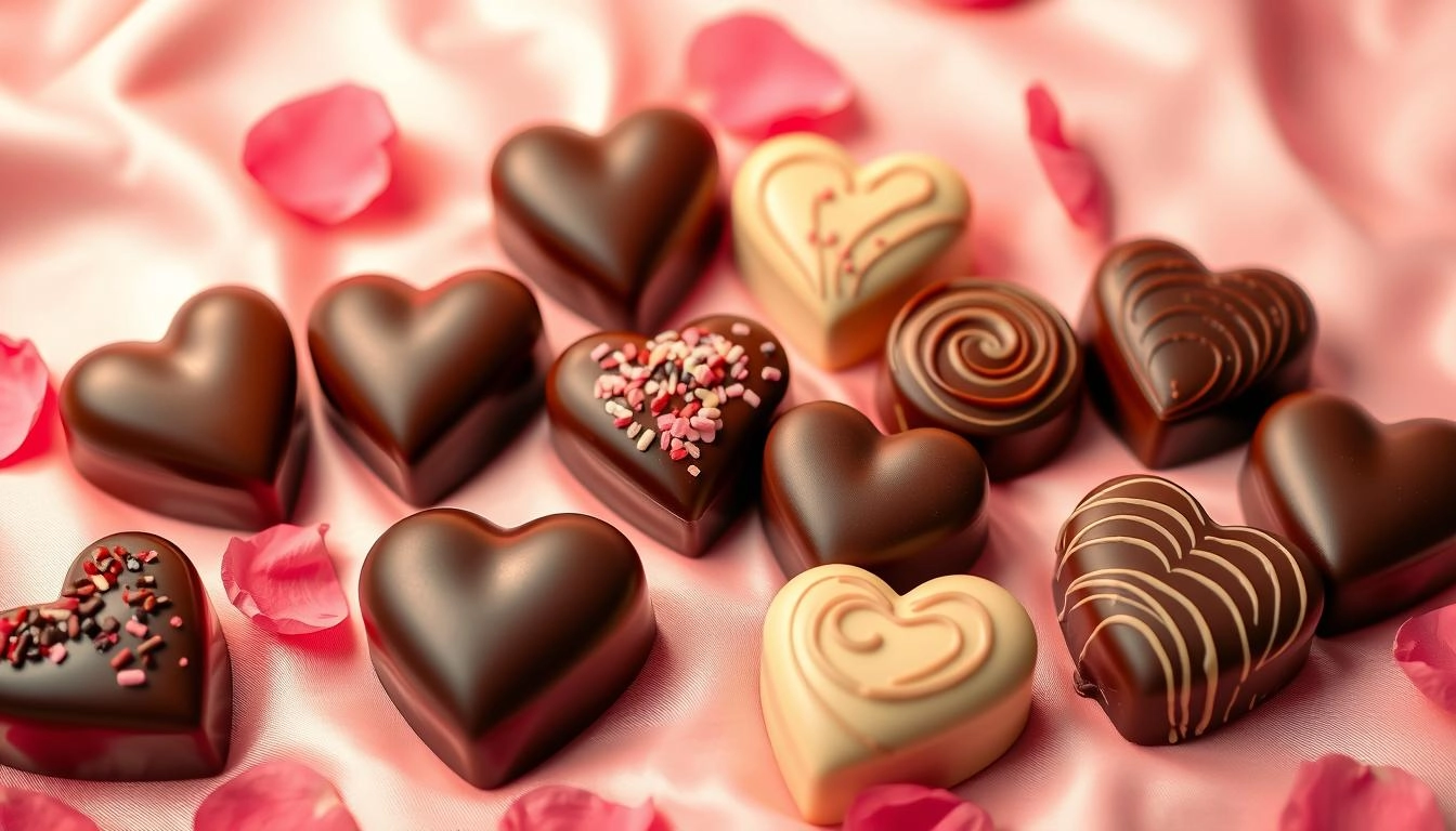 Heart-shaped dark and milk chocolates with sprinkles and swirls, displayed on pink satin with rose petals and romantic lighting.