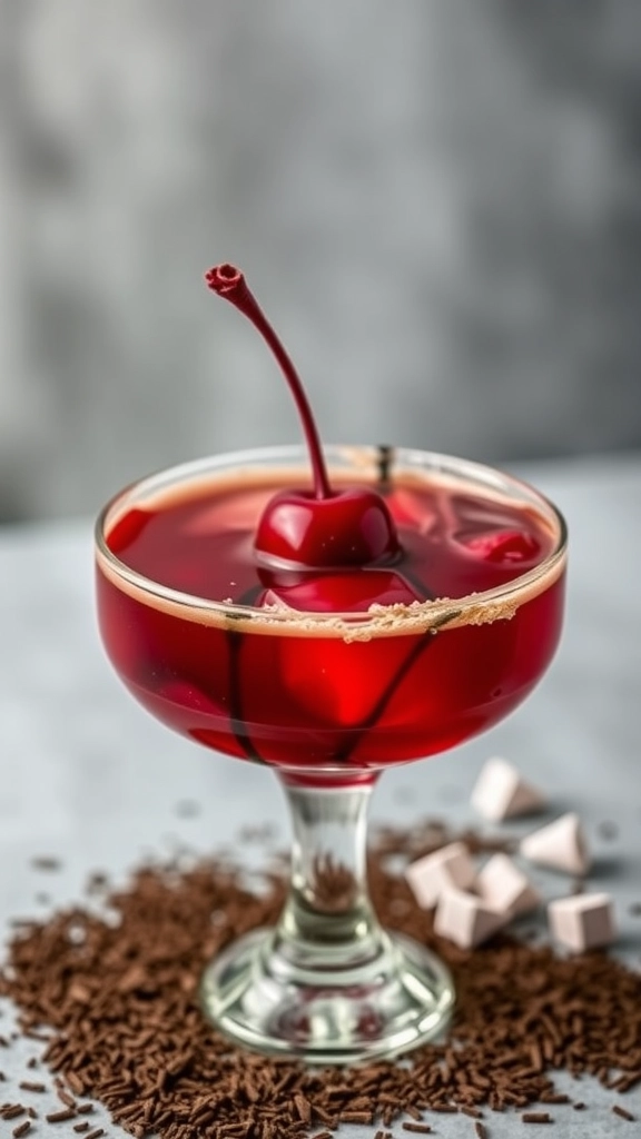 A cocktail glass filled with a Chocolate Covered Cherry Vodka drink, garnished with a cherry.