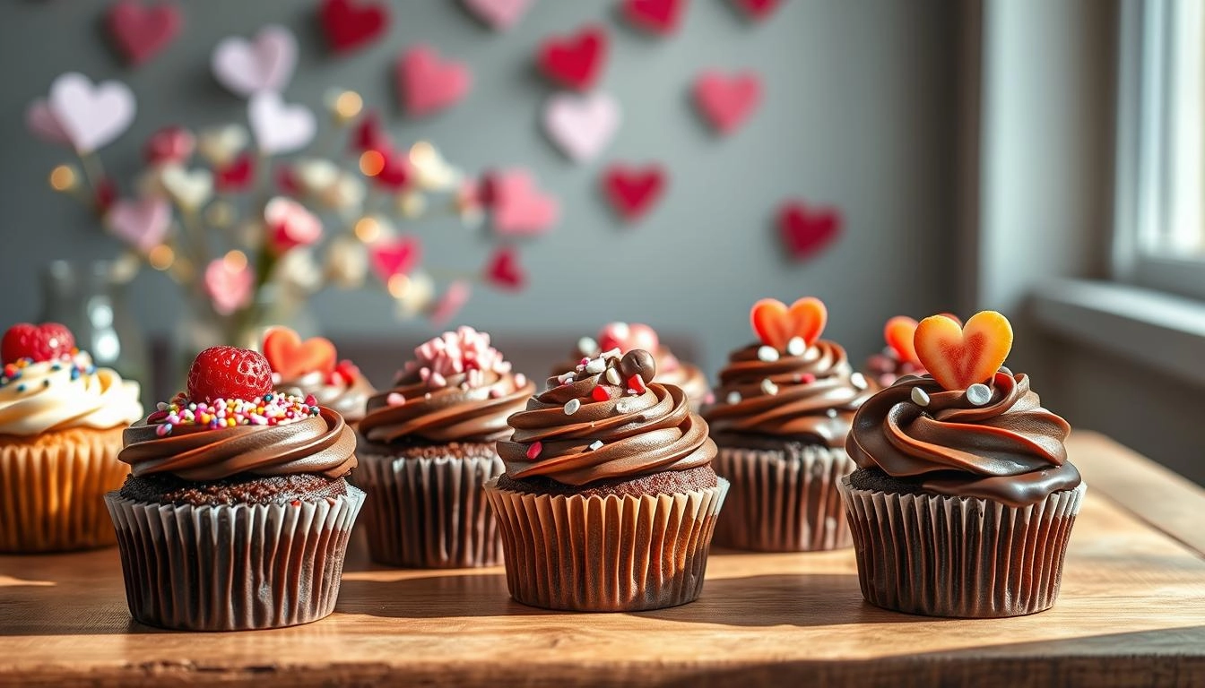 An elegant display of chocolate cupcakes with ganache, sprinkles and fruit toppings on a wooden table, softly lit with romantic Valentine's decorations in the background.