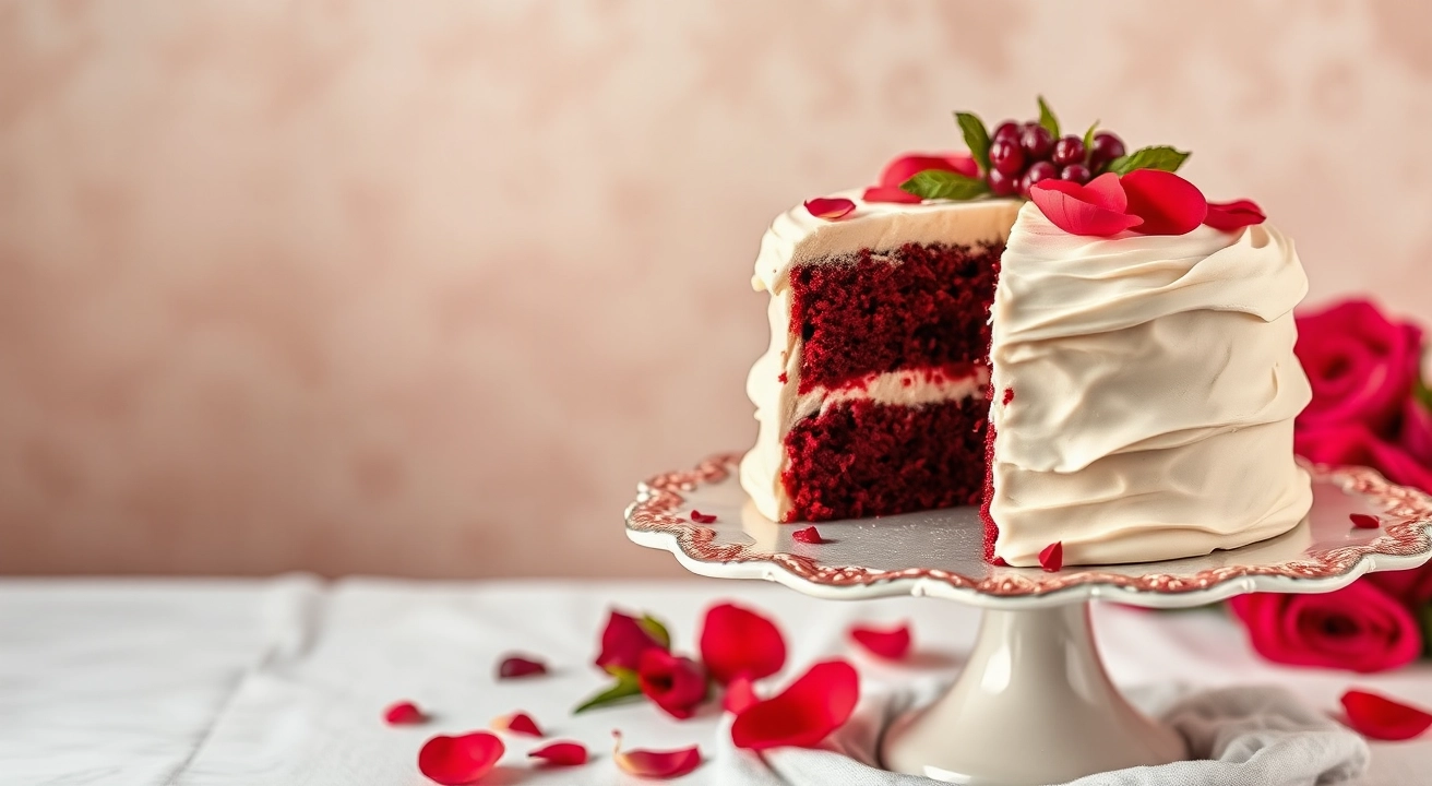 Red velvet cake with cream cheese frosting, decorated with rose petals and berries on a vintage stand.