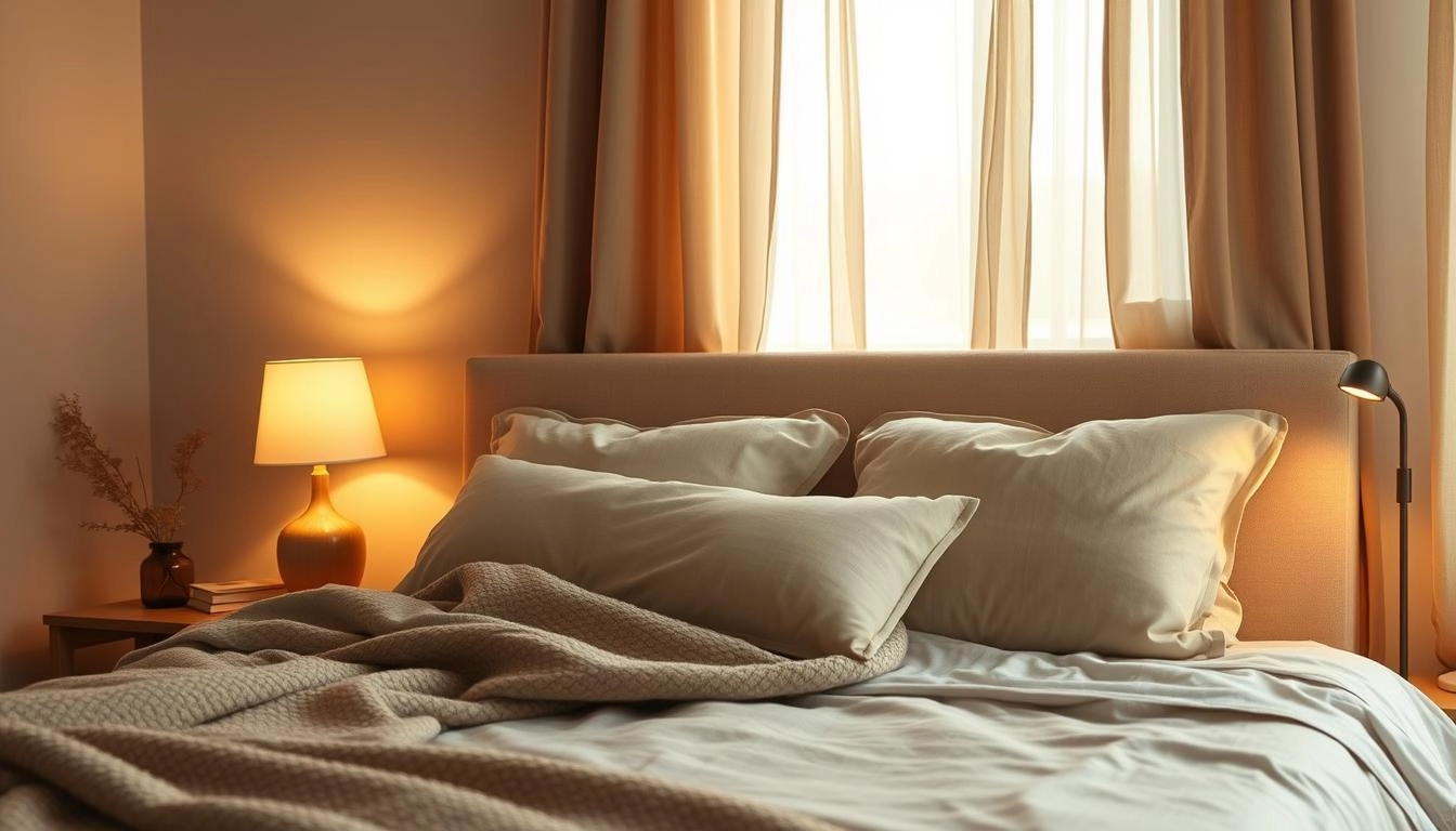 Cozy bedroom with warm lighting from bedside lamps, sheer curtains, and earth-toned textiles creating a peaceful, sleep-friendly atmosphere