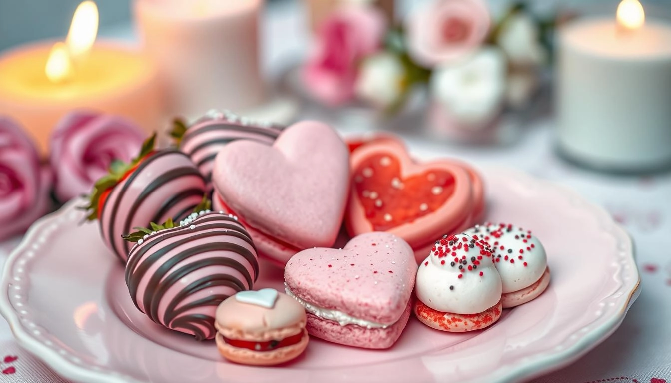 Valentine's heart-shaped sweets: Chocolate strawberries, pink macarons, red velvet cookies, and strawberry shortcake bites with edible glitter, on a pastel plate with candlelight backdrop.