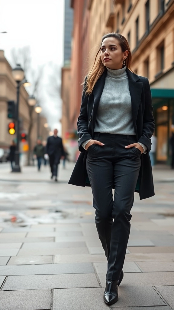 A woman walking confidently in a classic turtleneck and tailored trousers on a city street.