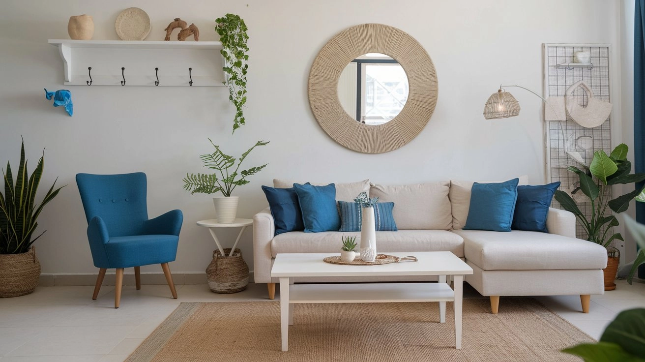 Stylish coastal decor ideas for the living room feature soft blue and white hues, natural wicker furniture, and textured throw pillows, creating a relaxed and airy atmosphere with beach-inspired accents.