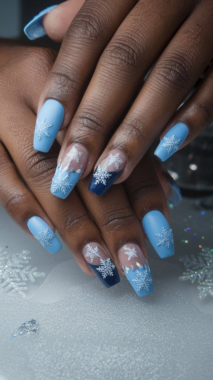 Winter-themed nail display featuring icy blue nails with delicate snowflake designs, navy and soft silver accents, set against a frosty white background with sparkling glitter elements, evoking a serene winter atmosphere.