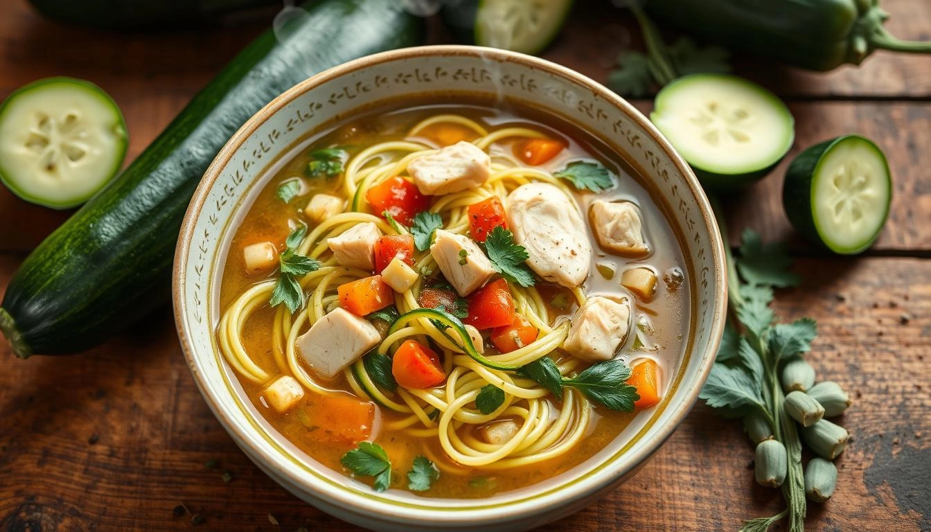 Vibrant zucchini noodle chicken soup with zucchini, chicken, herbs, and veggies on a rustic table, surrounded by fresh zucchinis and pepper flakes.