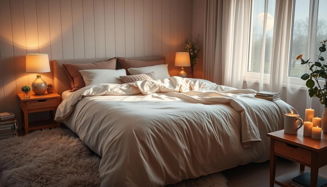 A cozy and inviting bedroom with a plush oversized bed layered in soft neutral-toned blankets and textured accent pillows. A fluffy area rug adds warmth, while soft ambient lighting from bedside lamps and candles on a wooden nightstand create a serene glow. Sheer curtains let in gentle moonlight, complemented by personal touches like stacked books, a steaming mug on the table, and greenery from potted plants or flowers, enhancing the tranquil atmosphere.