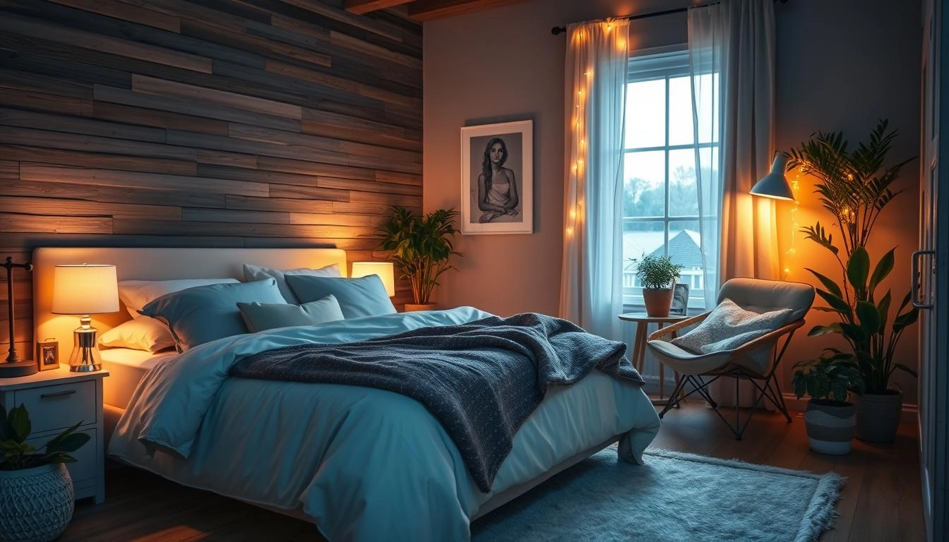 Cozy bedroom with plush bed, ambient lighting, reading nook with chair, fairy lights, wooden floors with rug, plants, and soothing colors.