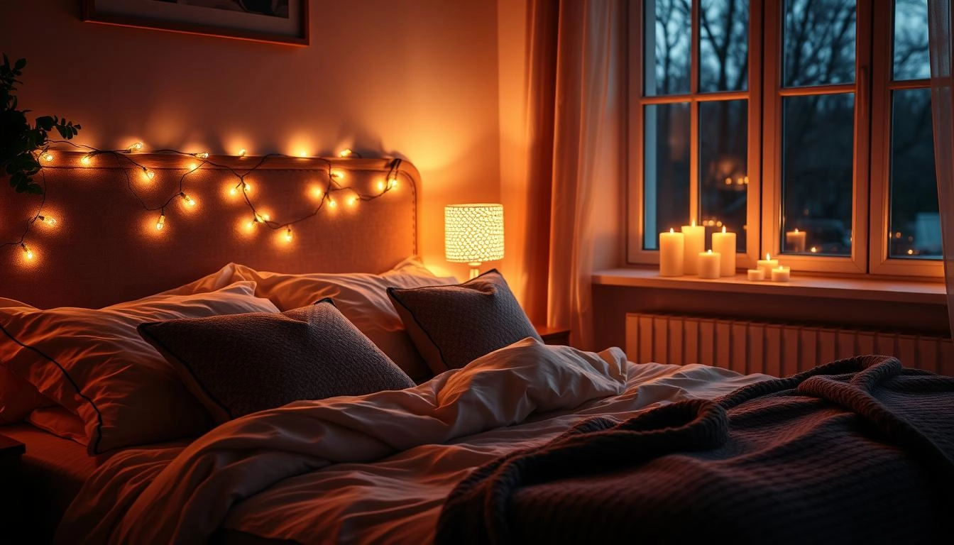 A cozy bedroom illuminated by warm, ambient lighting, with soft fairy lights draped around the headboard and a bedside lamp casting a gentle glow. Candles on the windowsill reflect warm hues, enhancing the serene atmosphere. Plush bedding with decorative pillows and a cozy throw blanket complete the inviting nighttime vibe, accented by soft shadows for added depth and comfort.