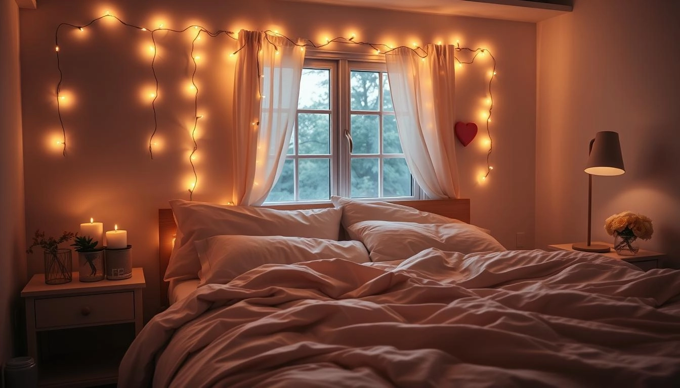 Cozy bedroom with fairy lights along headboard and window, romantic candlelight, soft bedside lamp glow, and plush pastel bedding with subtle heart accents.