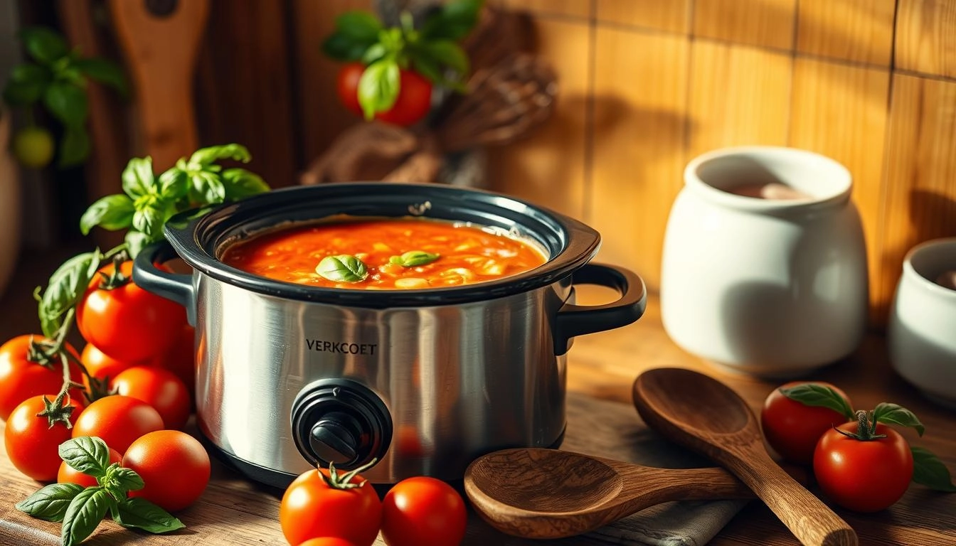 Cozy kitchen scene with a slow cooker of vibrant tomato basil soup, fresh tomatoes, and basil leaves arranged around it, soft golden light highlighting warm wood textures, a rustic wooden spoon nearby, and gentle steam rising, evoking a homely and inviting atmosphere.