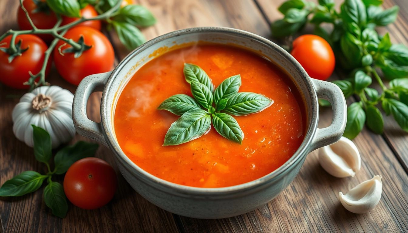 A steaming bowl of vibrant tomato basil soup garnished with fresh basil leaves, drizzled with olive oil, set on a rustic wooden table surrounded by ripe tomatoes and garlic cloves, evoking a cozy kitchen atmosphere.