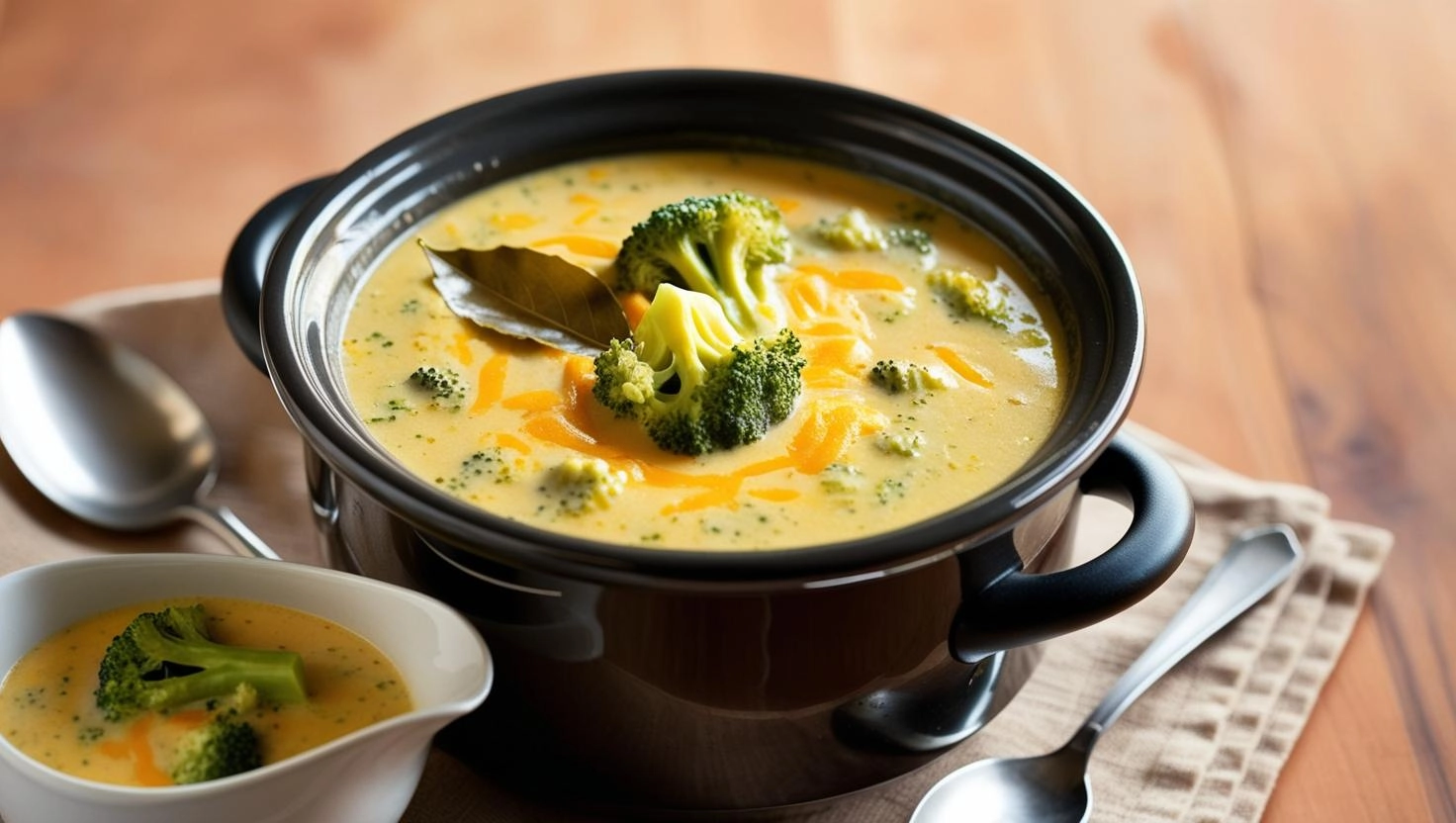 Creamy Broccoli Cheddar Soup Recipe: Crockpot with golden soup, topped with broccoli florets, melted cheese, and a bay leaf on a rustic wooden table.