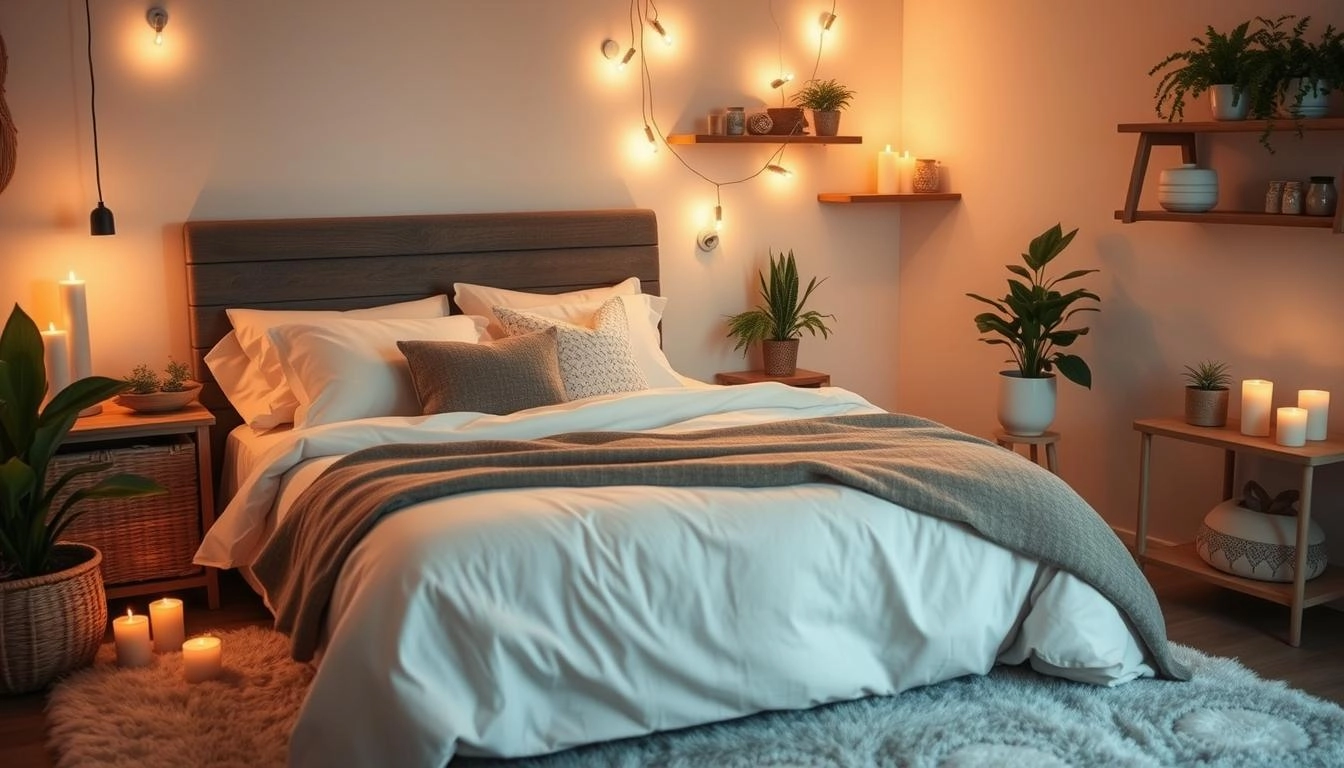 A cozy bedroom scene featuring warm lighting, a neatly made bed with fluffy blankets and decorative pillows, stylish storage solutions such as woven baskets and floating shelves.