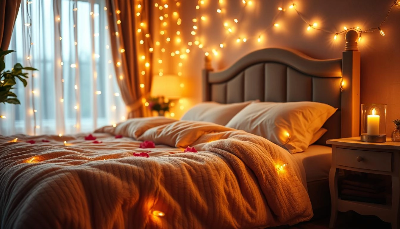 Fairy lights softly glowing across a cozy bedroom, casting warm golden hues on plush bedding and scattered rose petals, with flickering candlelight on the bedside table, creating a romantic and intimate ambiance.