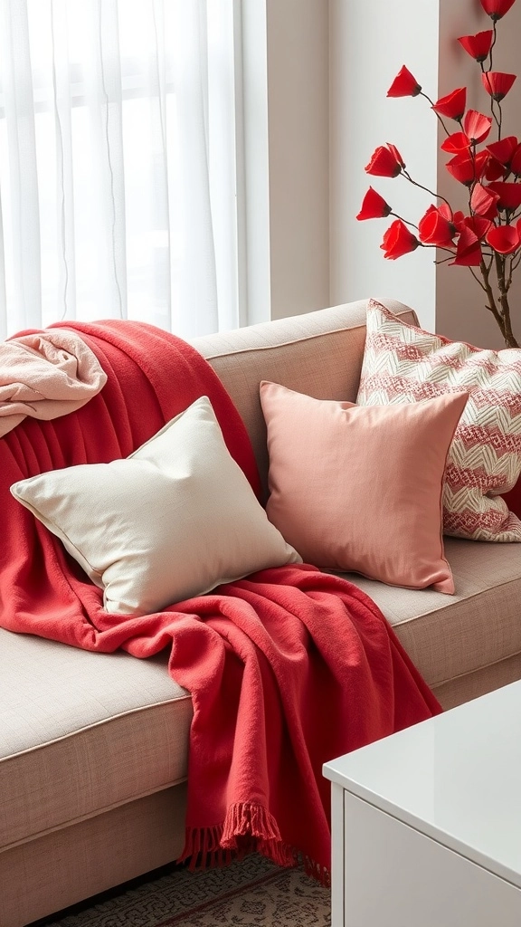 a romantic couch draped with soft throws and decorative pillows in shades of red and pink