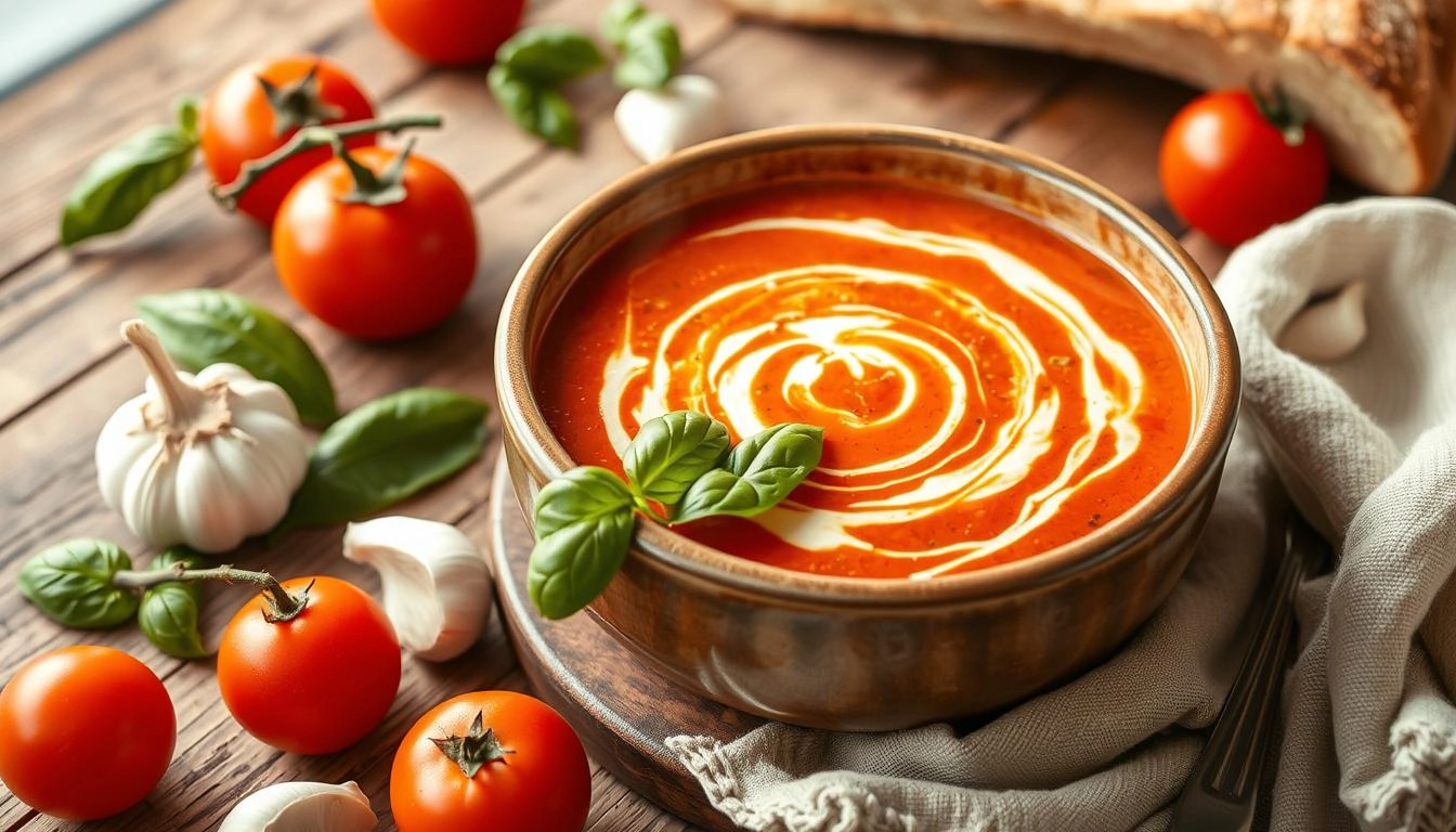 A steaming bowl of creamy tomato basil soup, vibrant red with swirls of cream, topped with fresh basil leaves, set on a rustic wooden table surrounded by fresh tomatoes, garlic cloves, and a loaf of crusty bread, with soft natural lighting creating a warm, inviting atmosphere.