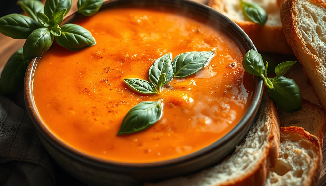 A steaming bowl of creamy tomato basil soup with a rich, velvety texture, garnished with fresh basil leaves and a drizzle of olive oil, surrounded by rustic bread slices, bathed in soft golden lighting for a warm and inviting feel.