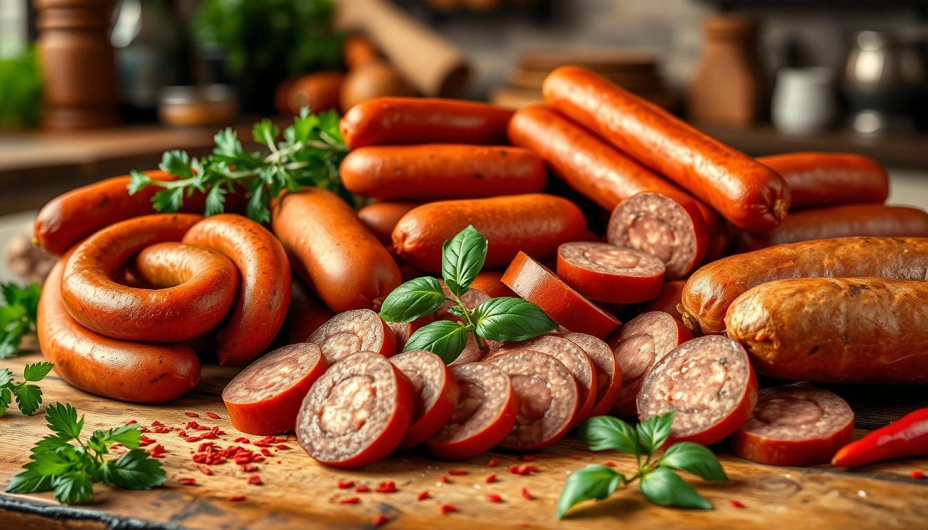 Assorted Italian sausages on a rustic table, featuring links, slices, and patties with parsley, basil, and red pepper flakes, set against a warm kitchen background.