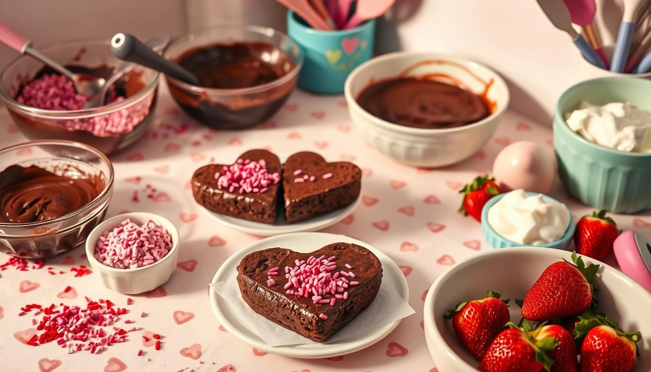 Kitchen scene with heart-shaped brownies being made, featuring mixing bowls, pink and red sprinkles, strawberries, and baking tools on a heart-patterned tablecloth