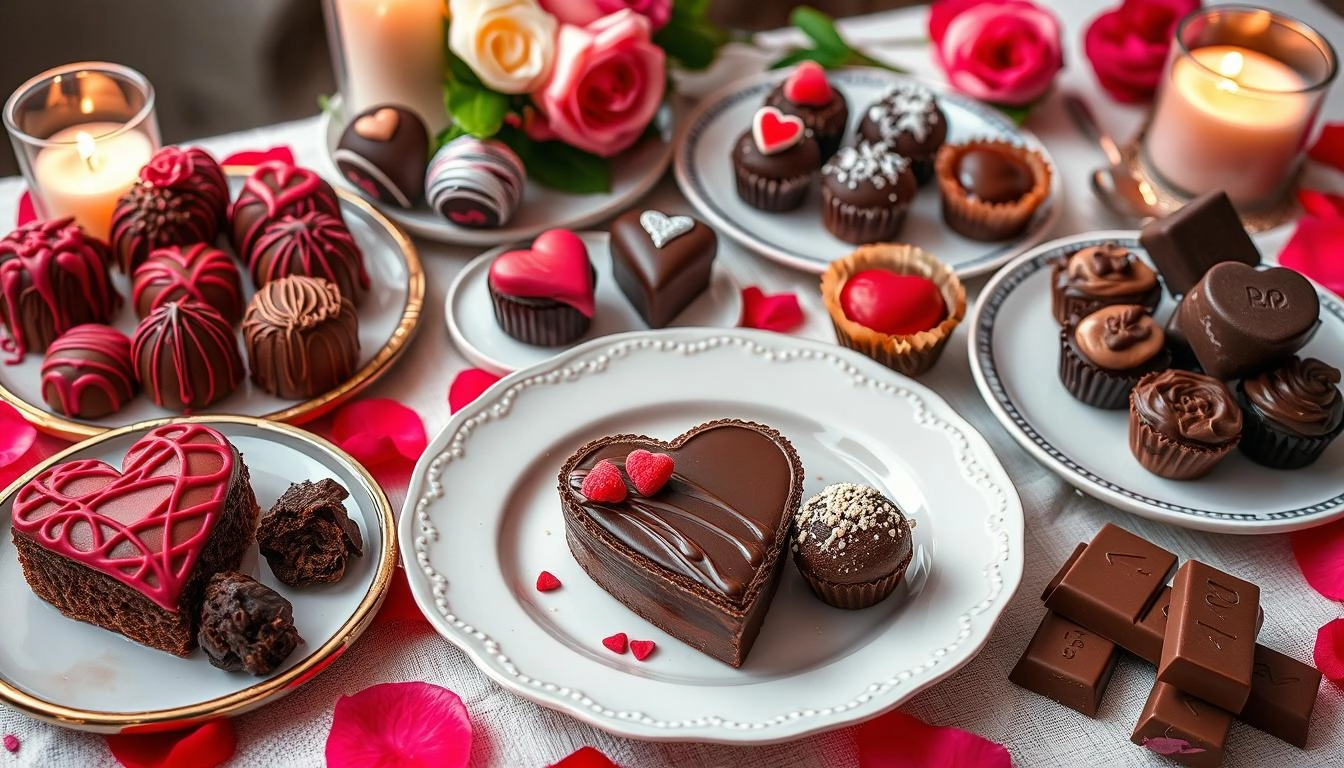 A romantic display of Valentine's chocolate desserts including heart truffles, raspberry-glazed tarts, mousse cups, and artisanal bars, arranged with rose petals and candlelight, showcasing varied chocolates and fillings.