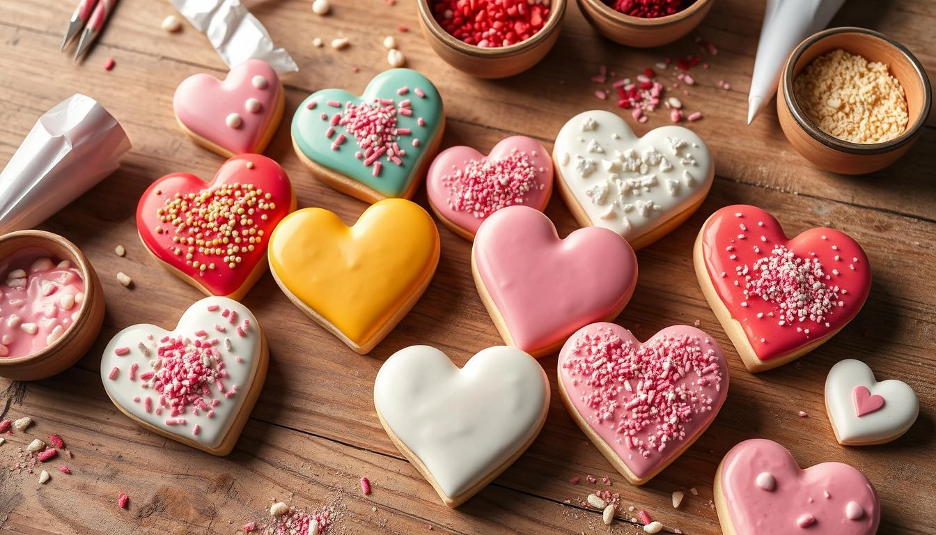 A display of decorated heart-shaped candies with colorful icing, glitter, and sprinkles, arranged with candy-making tools and toppings on a wooden table.