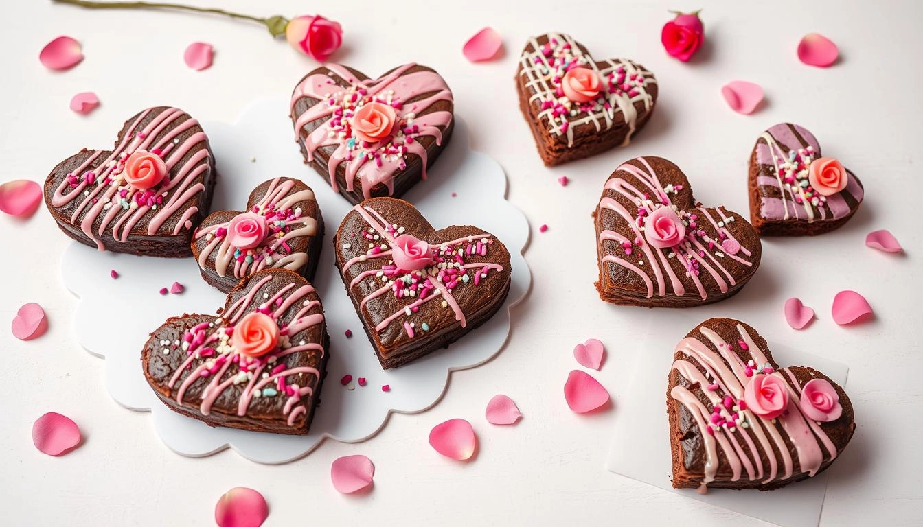 Heart-shaped brownies decorated with pink and white icing, sprinkles and fondant roses, displayed with rose petals and love notes on decorative plates