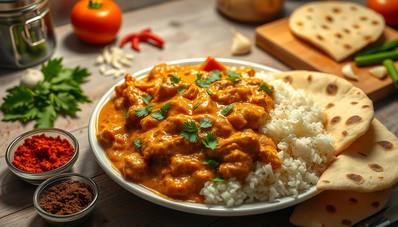 A vibrant kitchen scene featuring a plate of butter chicken with creamy sauce, fluffy basmati rice, naan bread, colorful spices in bowls, fresh ingredients like tomatoes, onion, and garlic on a chopping board, warm lighting creating an inviting atmosphere.