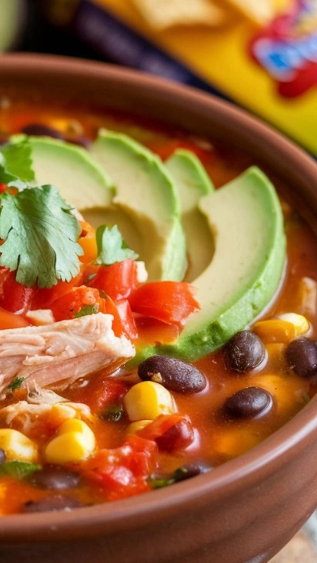 A bowl of Chicken Tortilla Soup topped with fresh avocado and cilantro.