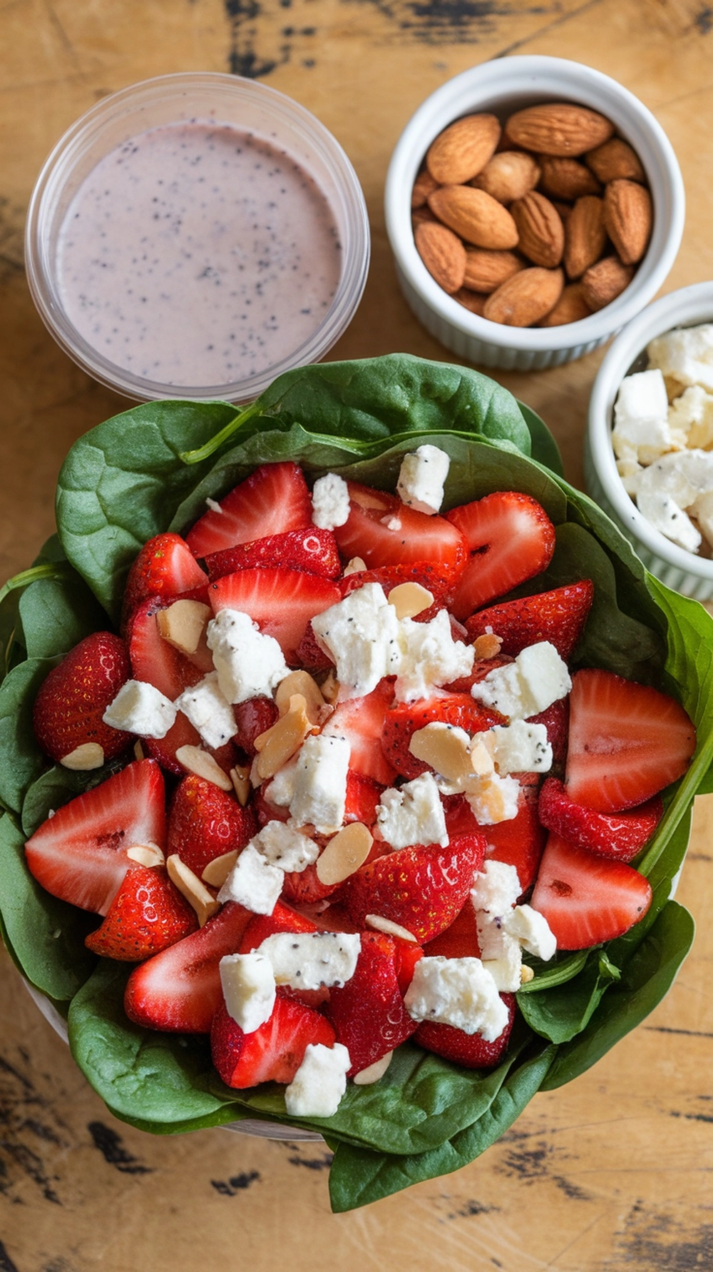 A vibrant strawberry spinach salad topped with poppy seed dressing, feta cheese, and almonds.