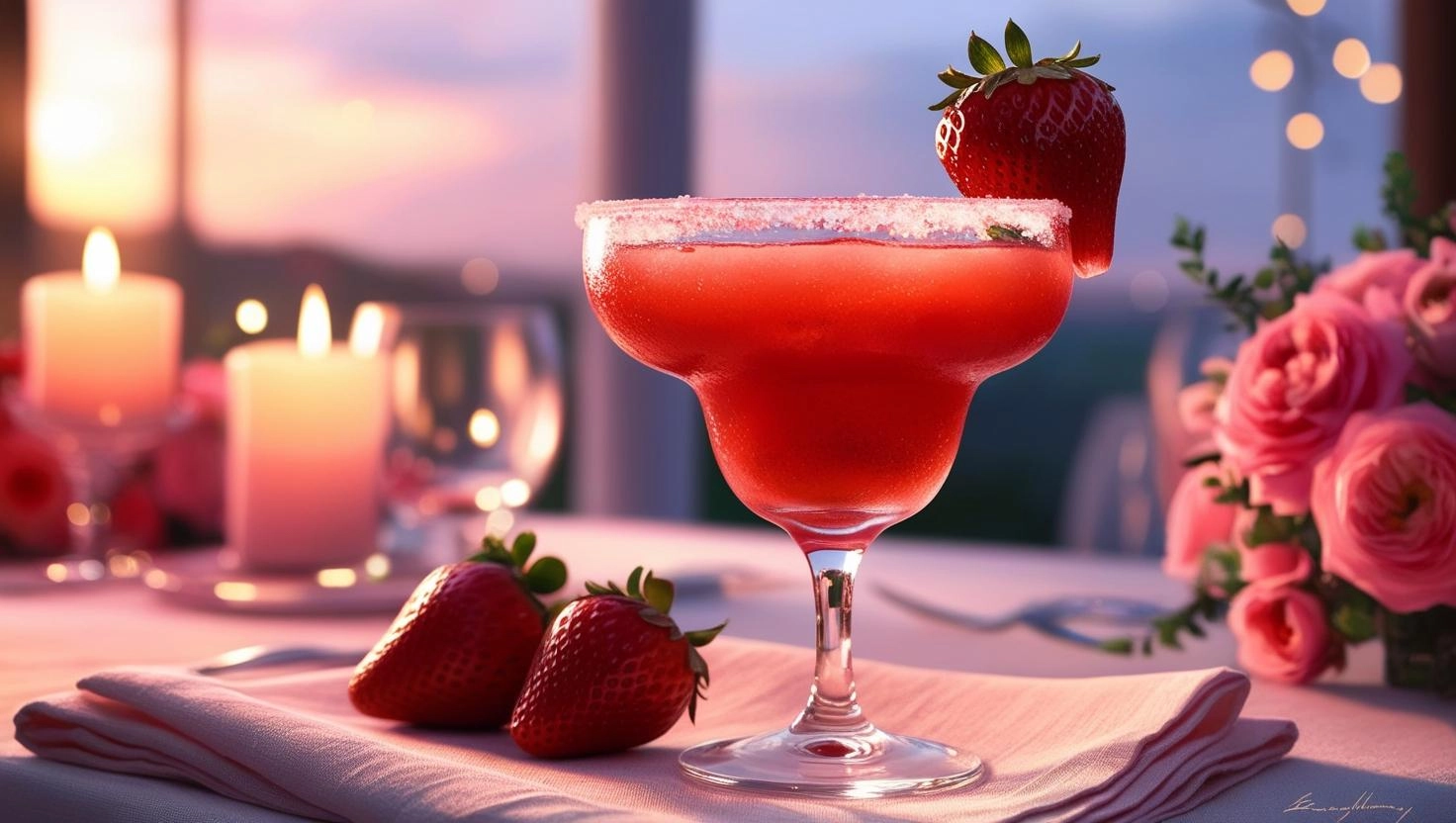 A strawberry margarita served in a rimmed glass, placed on a romantic table setting