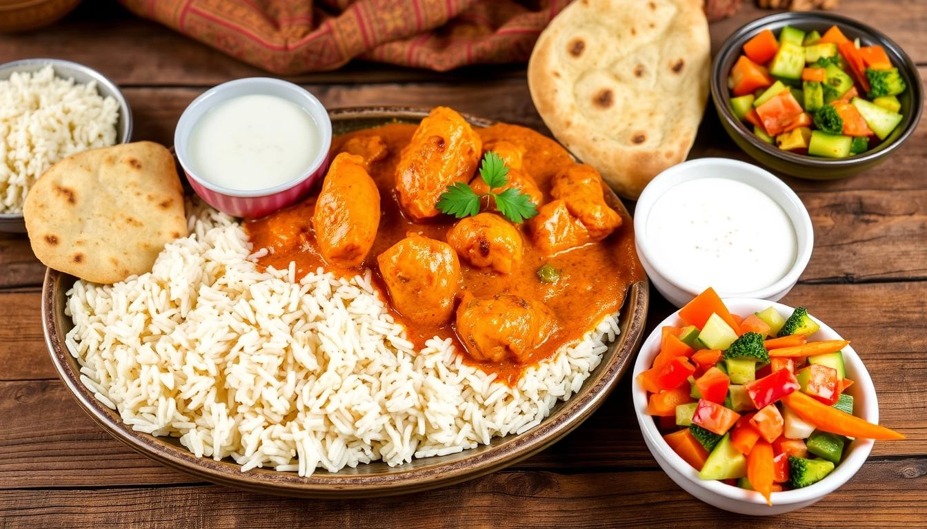 A beautifully arranged platter of butter chicken curry, accompanied by fluffy basmati rice, garlic naan bread, cucumber raita, and a colorful mixed vegetable salad, set on a rustic wooden table with traditional Indian textiles in the background.