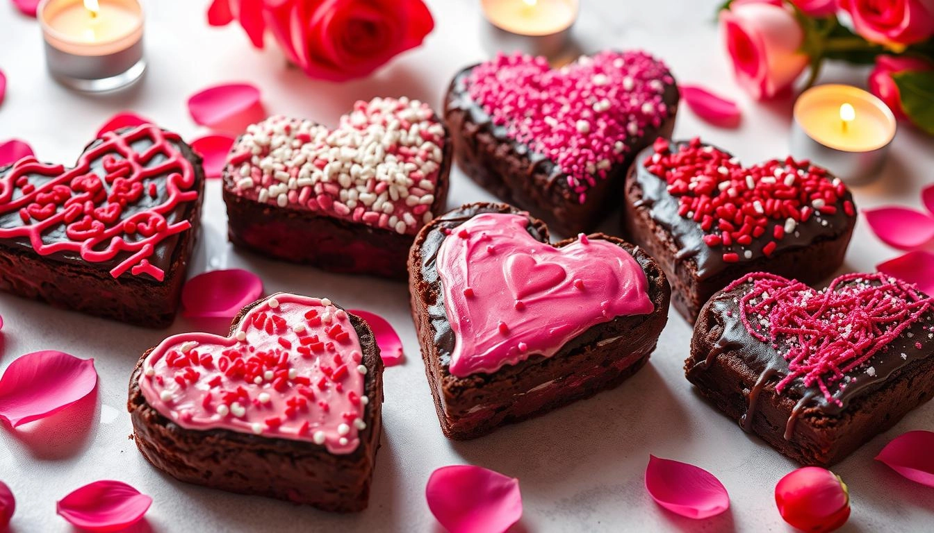 Heart-shaped brownies with pink and red icing and sprinkles, arranged with rose petals and candles